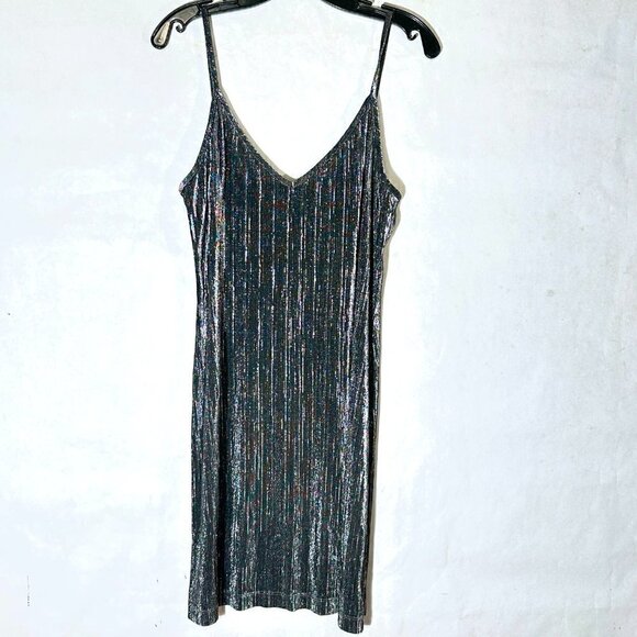 Mikai Size Large Slip Dress Charcoal Gray Black Metallic Shimmer Sexy Slinky - Picture 3 of 7